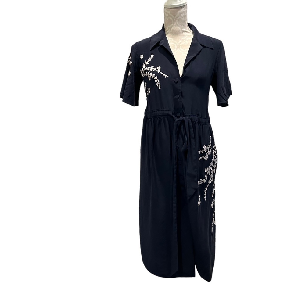 Cinq a Sept Silk Button Blue Dress Embroidered Floral Rose Pink Pockets Small 4